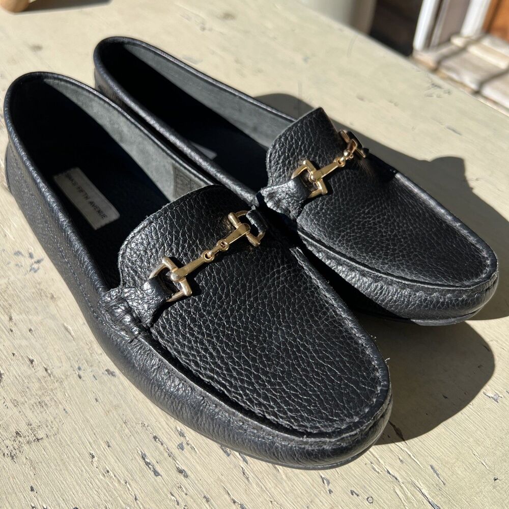 Saks Fifth Avenue Black Pebble Leather Horsebit Loafers Driving Shoes Size 8B